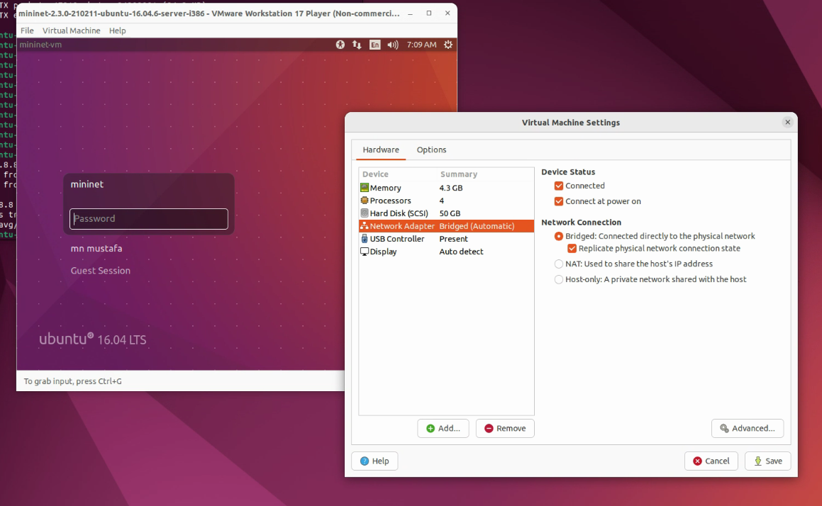 Bridge settings on VMWare Player